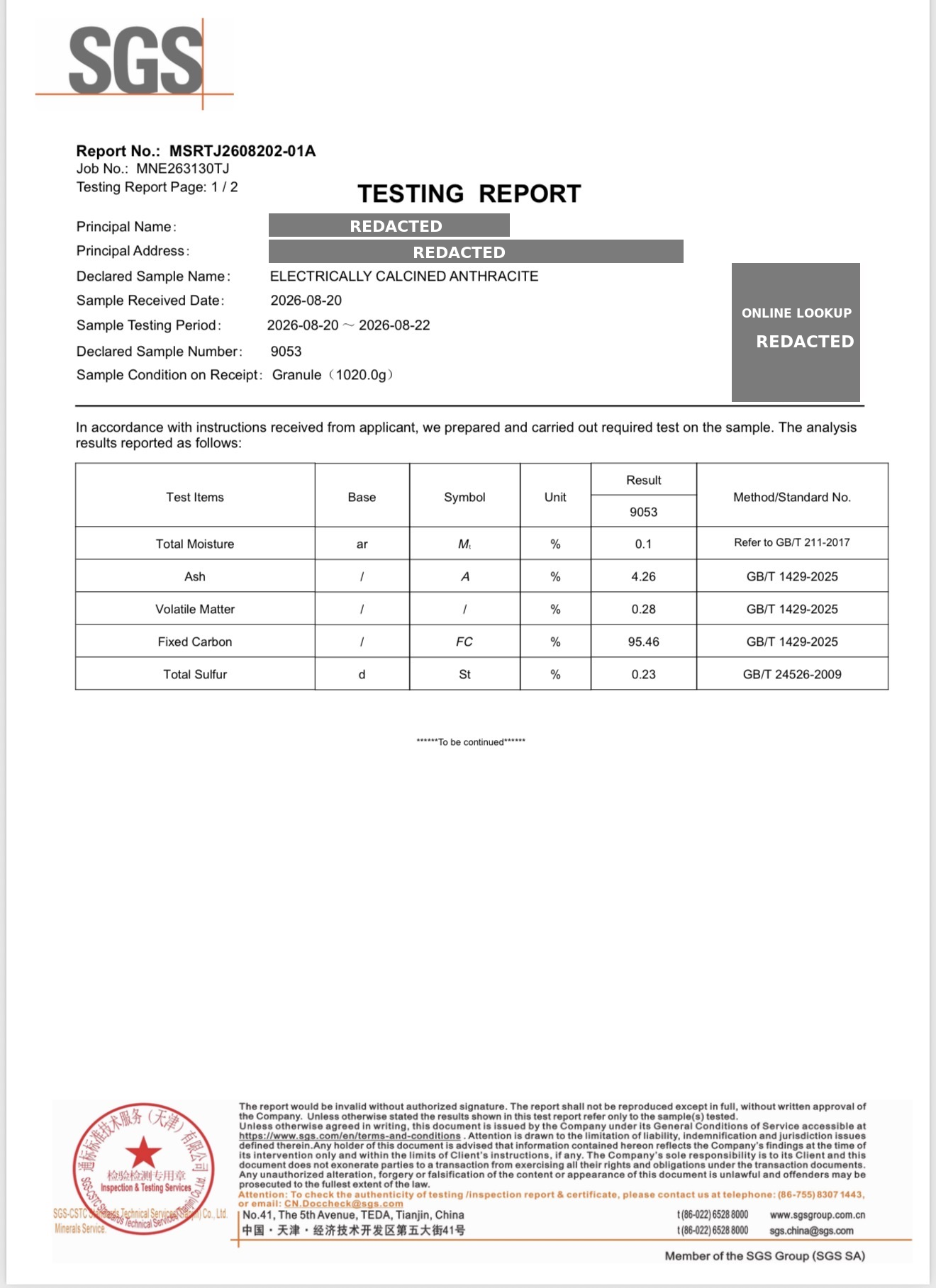Redacted SGS inspection report for electrically calcined anthracite