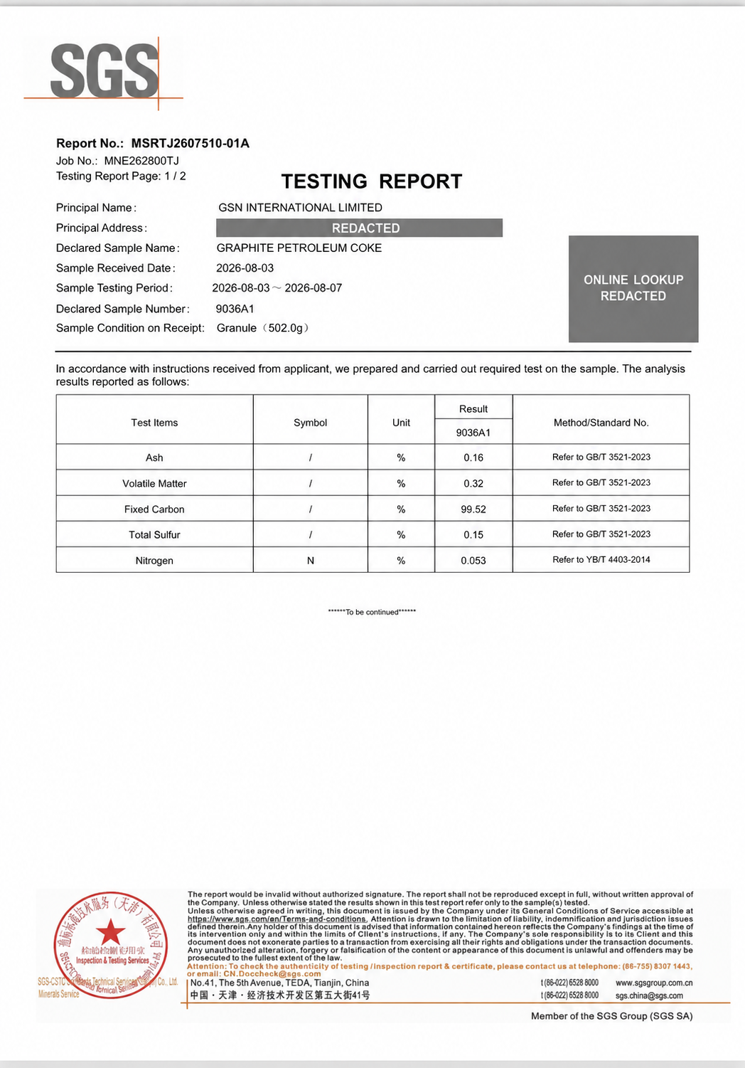 Redacted SGS inspection report for half graphitized petroleum coke